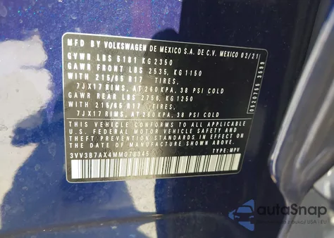 2021 Volkswagen Tiguan Se из США, поврежденный, VIN 3VV3B7AX4MM078345